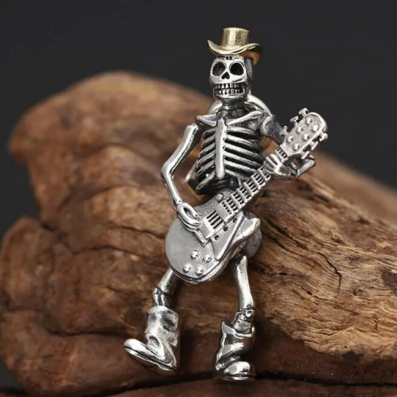 Guitar Playing Cowboy Skeleton Pendant Necklace