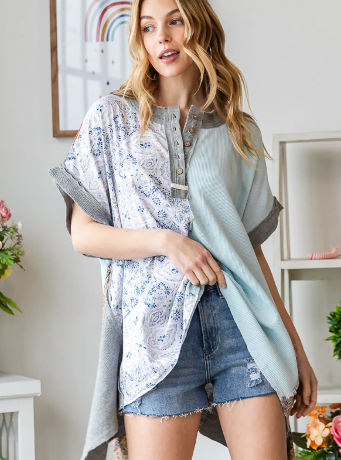 HENLEY MIXED PRINT TOP