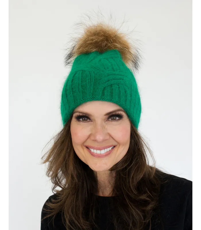 Jean Knit Beanie with Finn Raccoon Fur Pom Pom in Green at FurHatWorld.com