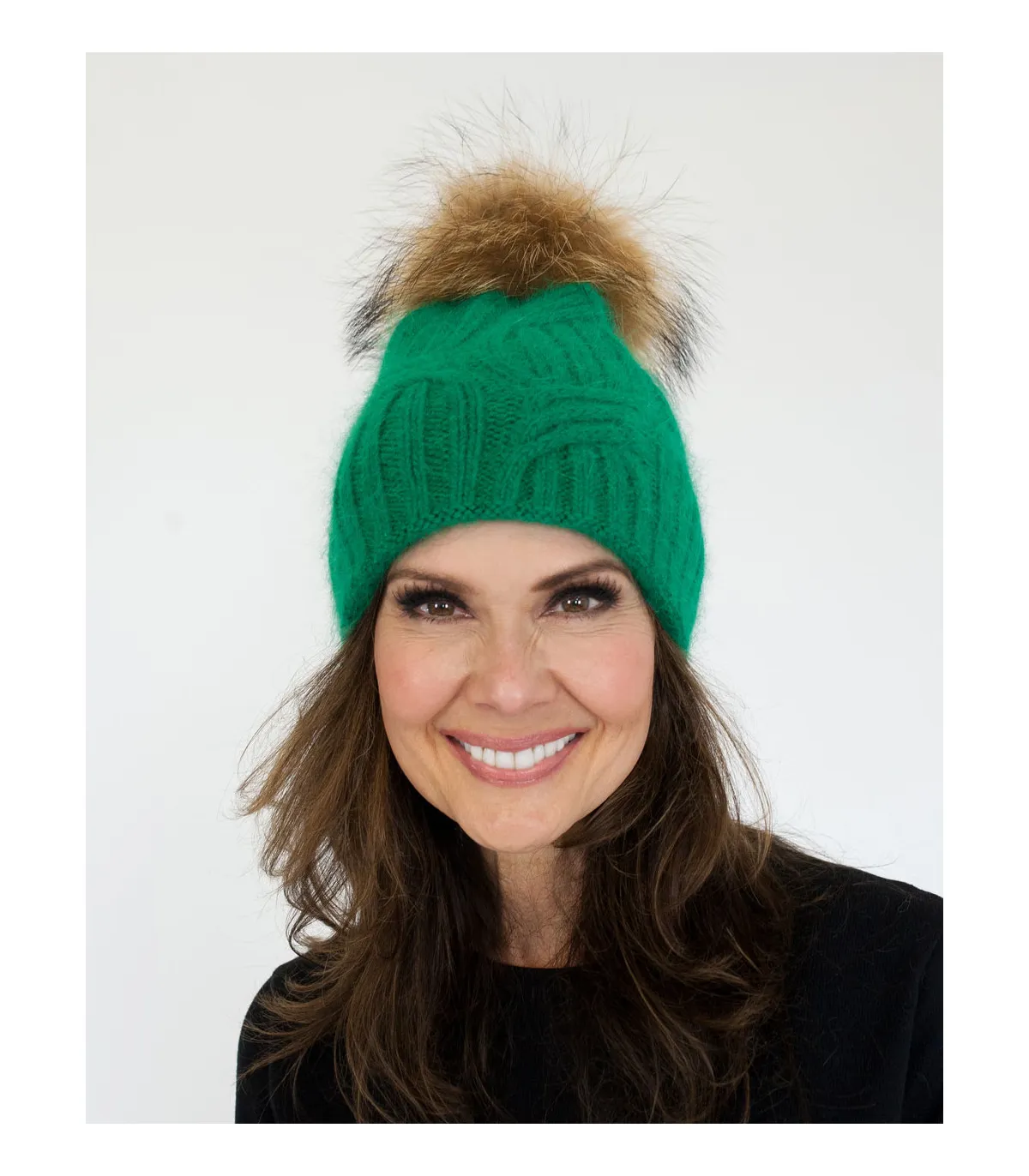 Jean Knit Beanie with Finn Raccoon Fur Pom Pom in Green at FurHatWorld.com