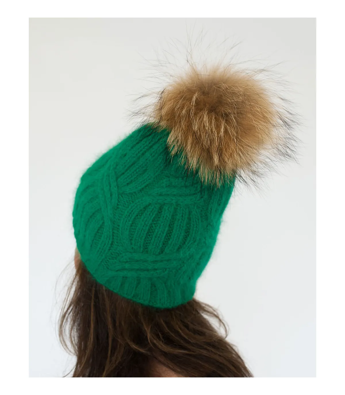 Jean Knit Beanie with Finn Raccoon Fur Pom Pom in Green at FurHatWorld.com