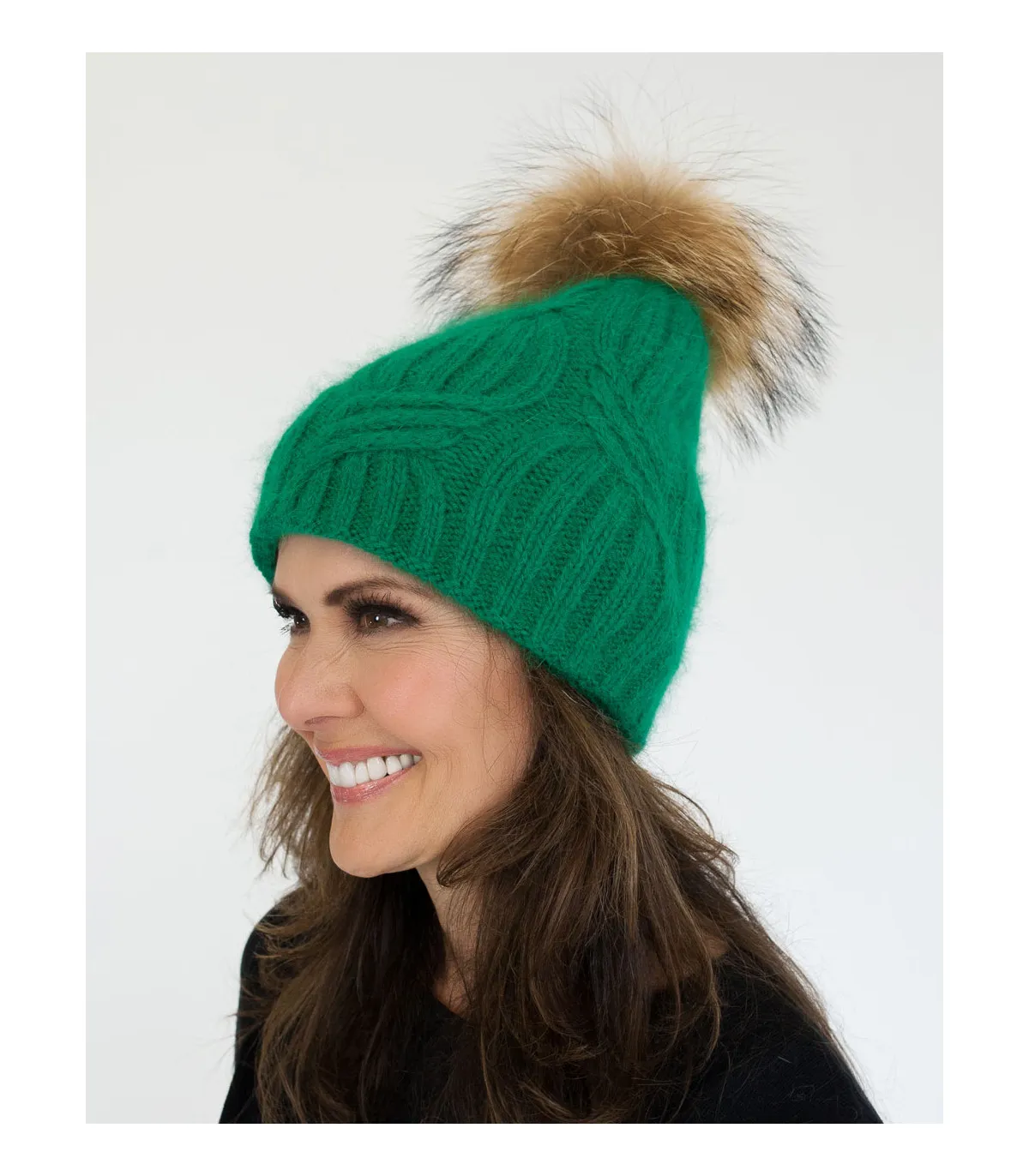 Jean Knit Beanie with Finn Raccoon Fur Pom Pom in Green at FurHatWorld.com