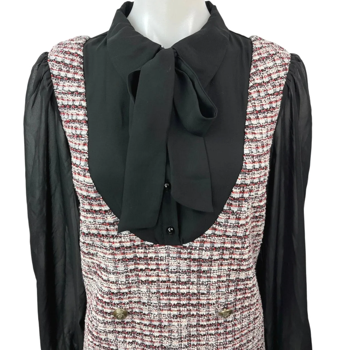 Julia Jordan Black Multicolor Tweed Bow Tie Balloon Sleeves Mini Shirt Dress 8