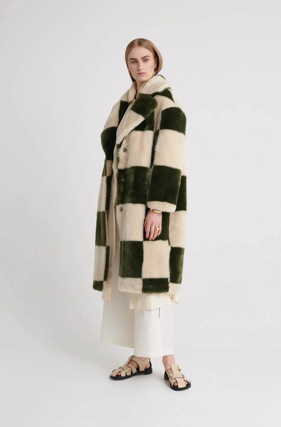 KATIE LONG FAUX FUR GREEN CHECKERBOARD