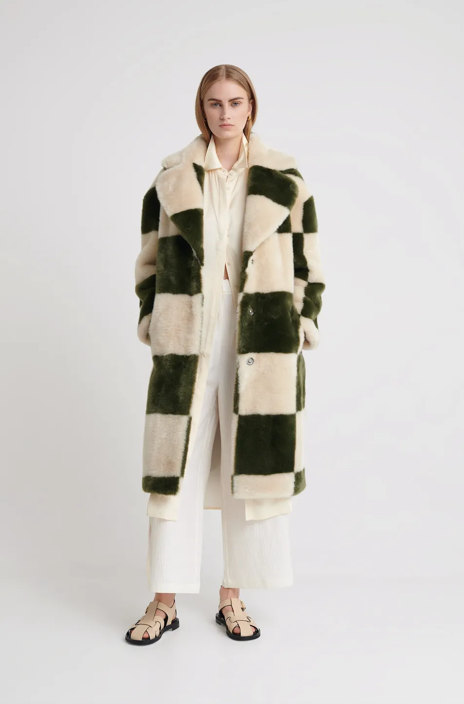 KATIE LONG FAUX FUR GREEN CHECKERBOARD