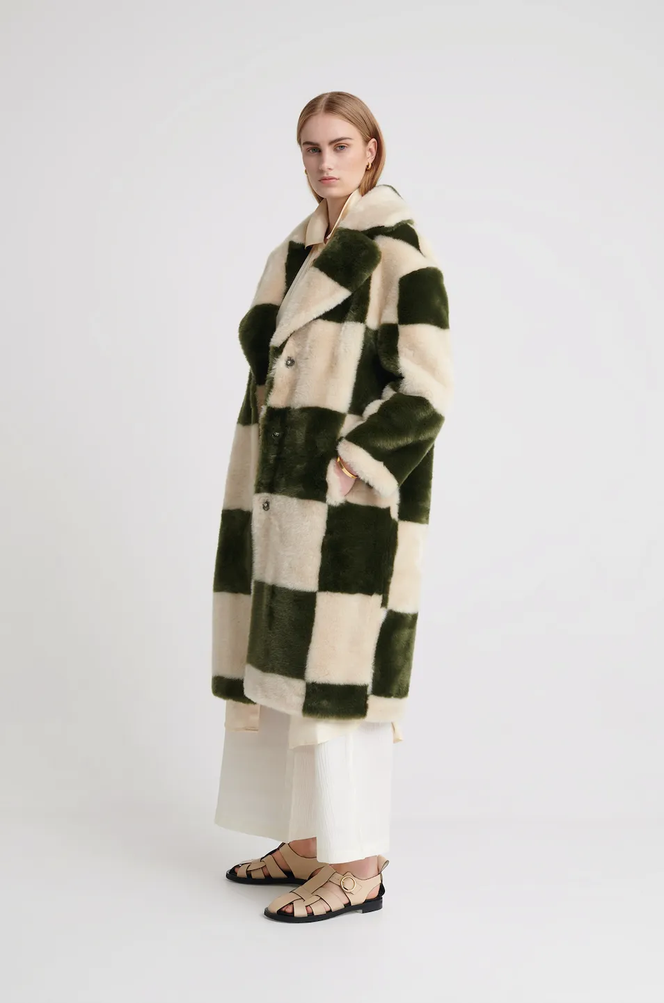 KATIE LONG FAUX FUR GREEN CHECKERBOARD