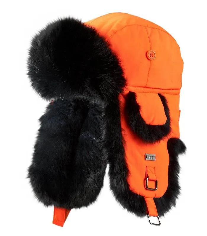 Kids Blaze Orange with Black Rabbit Fur Aviator Hat: FurHatWorld.com