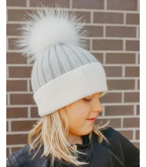 Kinder Knit Beanie Hat with Finn Raccoon Fur Pom Pom in Grey: Furhatworld.com