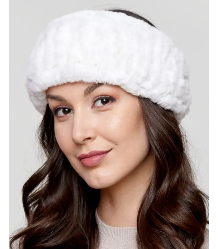 Knit Rex Rabbit Fur Headband in White: FurSource.com