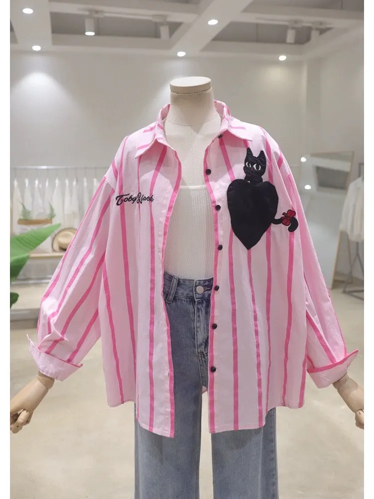 Korean style personalized love kitten embroidery 2024 spring and summer loose slim cotton striped long-sleeved casual shirt for 