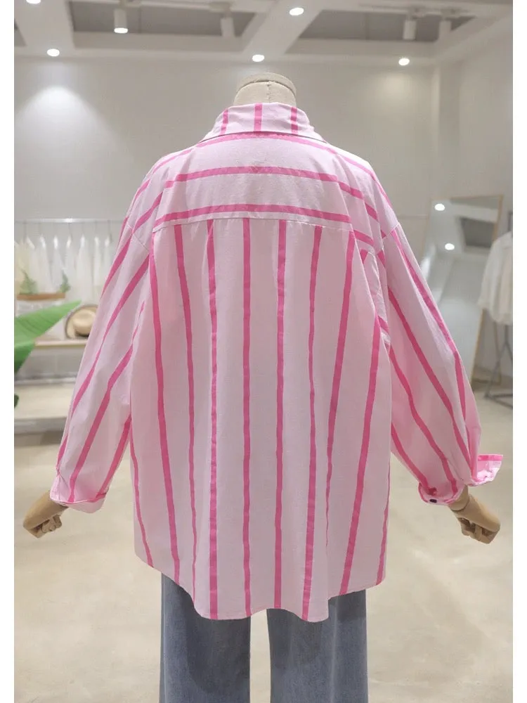 Korean style personalized love kitten embroidery 2024 spring and summer loose slim cotton striped long-sleeved casual shirt for 