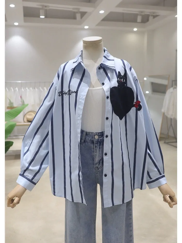 Korean style personalized love kitten embroidery 2024 spring and summer loose slim cotton striped long-sleeved casual shirt for 