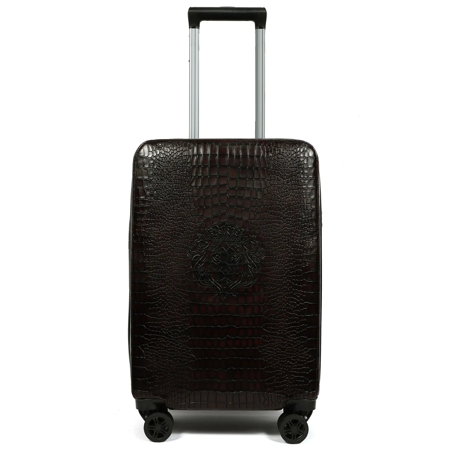 Light Weight Cabin Luggage Dark Brown Croco Textured Leather Trolley bag (360 Rotation)