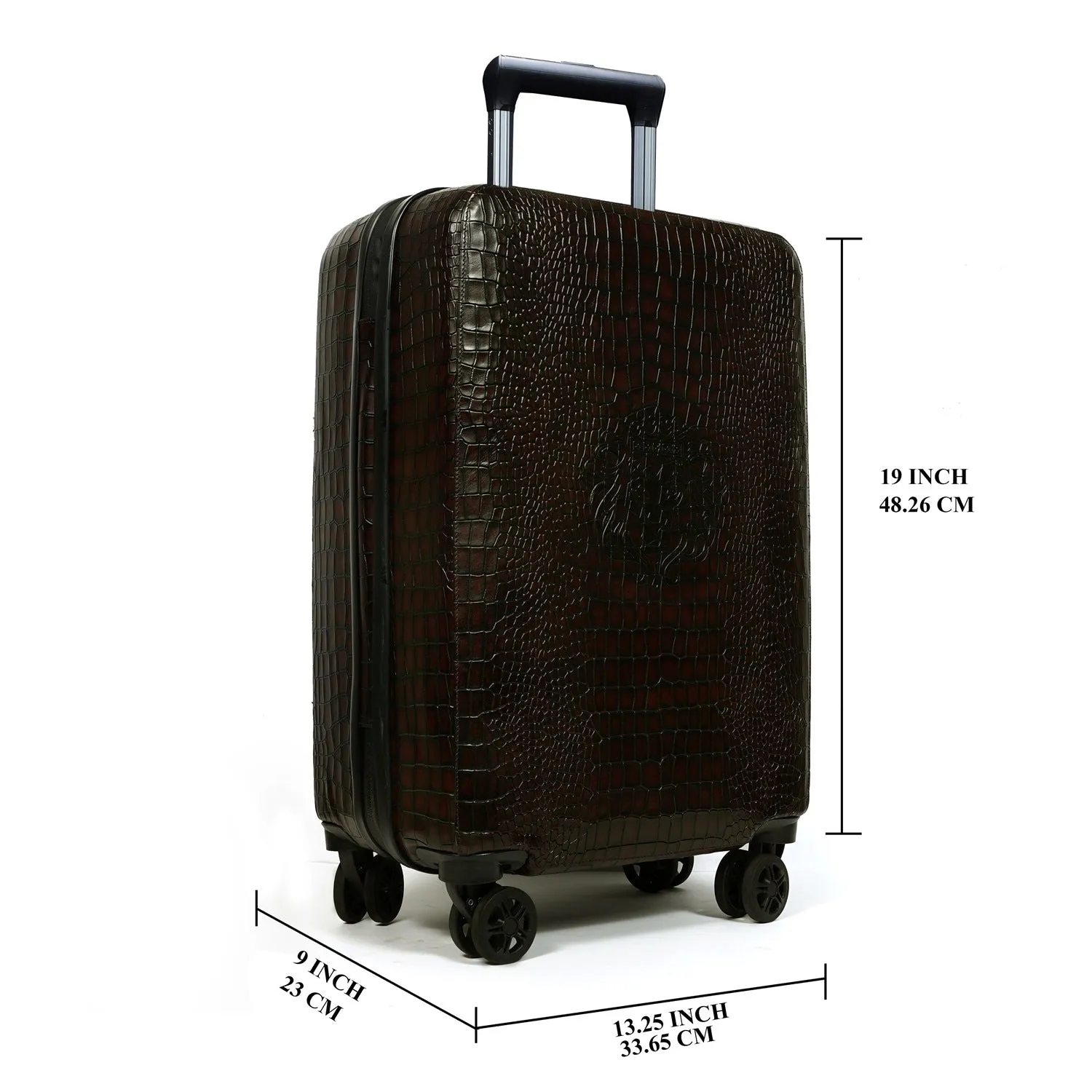 Light Weight Cabin Luggage Dark Brown Croco Textured Leather Trolley bag (360 Rotation)