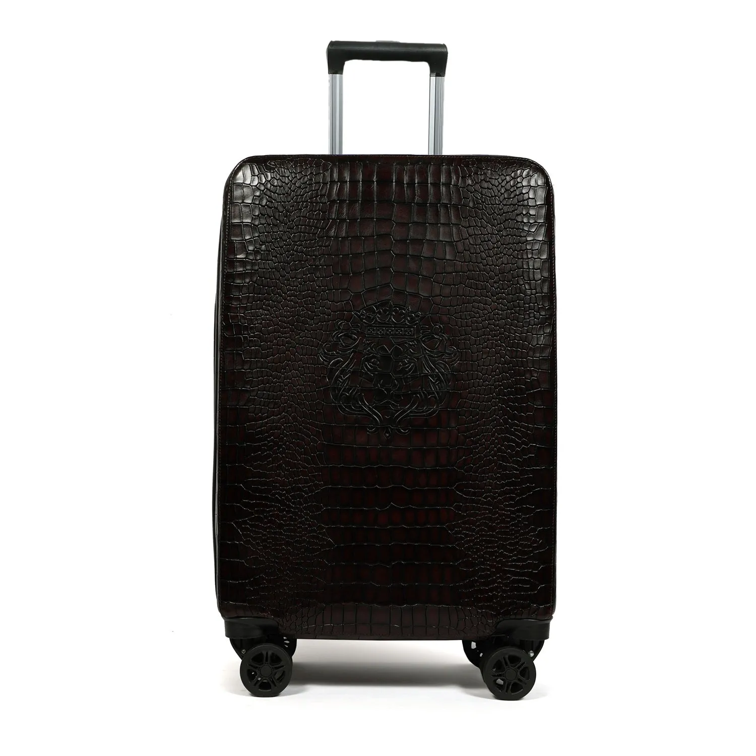 Light Weight Cabin Luggage Dark Brown Croco Textured Leather Trolley bag (360 Rotation)