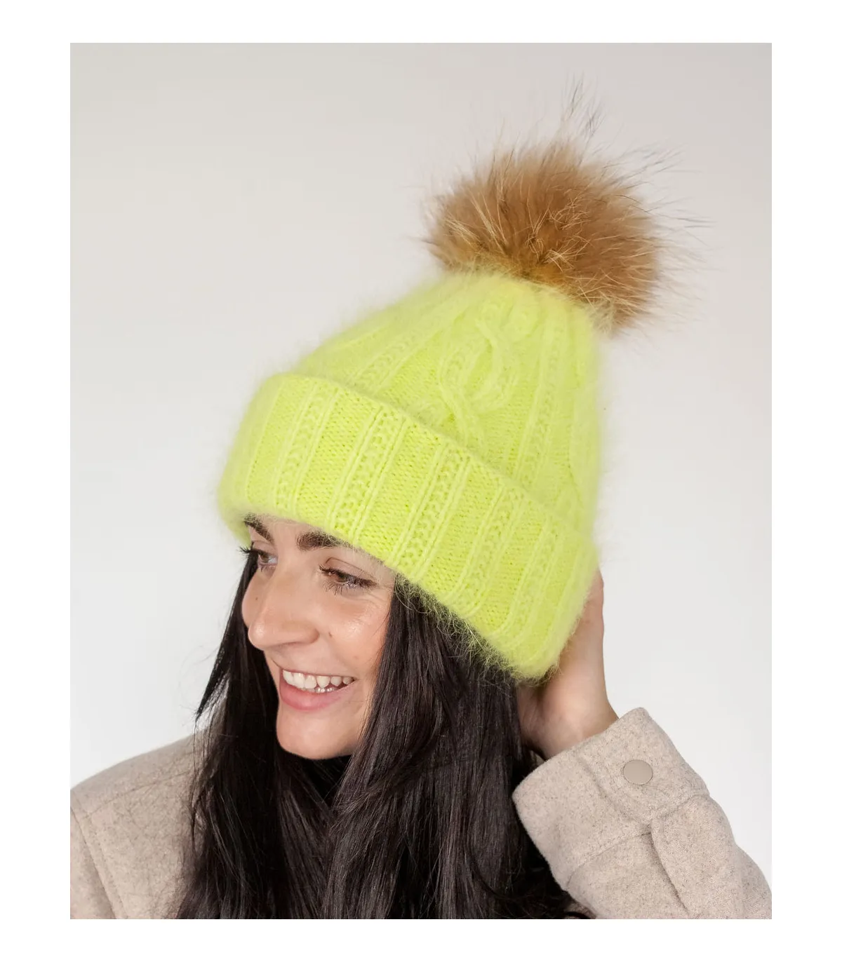 Louise Knit Beanie with Finn Raccoon Fur Pom Pom in Lime Green at FurHatWorld.com