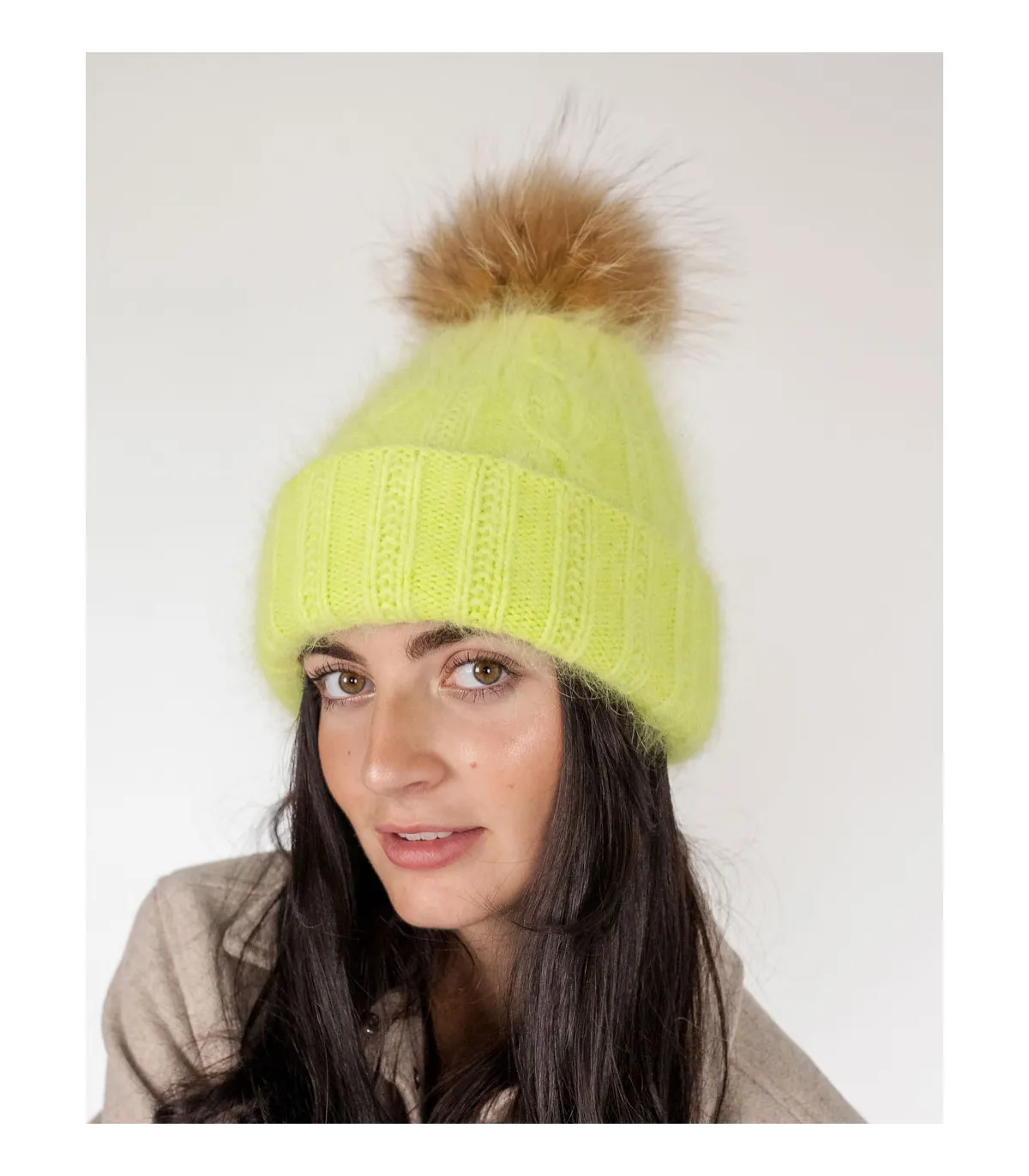 Louise Knit Beanie with Finn Raccoon Fur Pom Pom in Lime Green at FurHatWorld.com