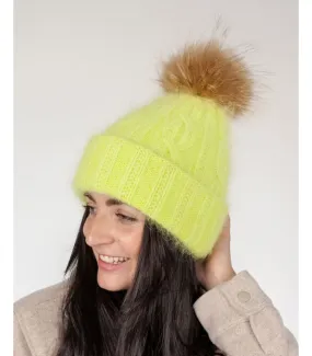 Louise Knit Beanie with Finn Raccoon Fur Pom Pom in Lime Green at FurHatWorld.com