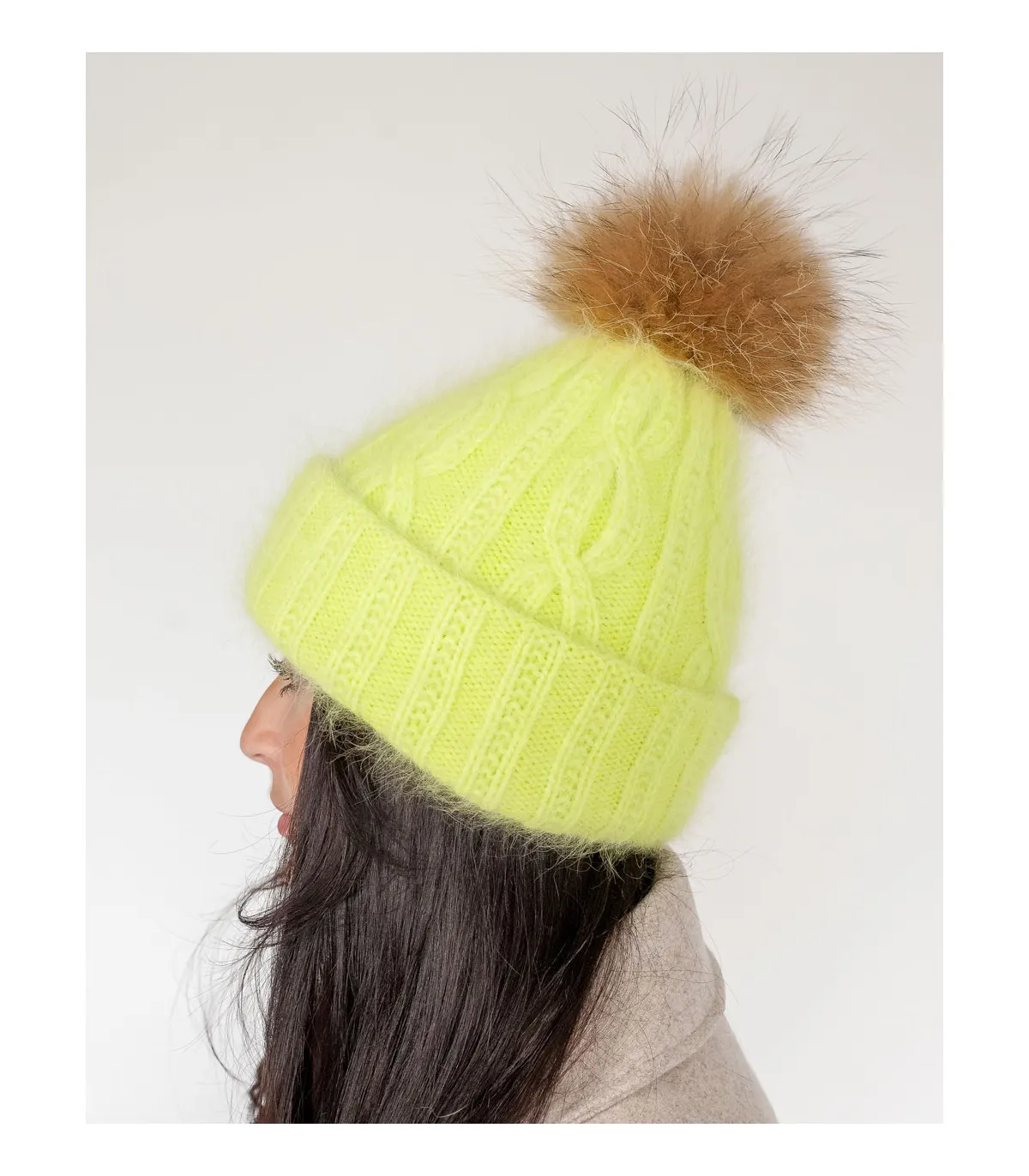 Louise Knit Beanie with Finn Raccoon Fur Pom Pom in Lime Green at FurHatWorld.com