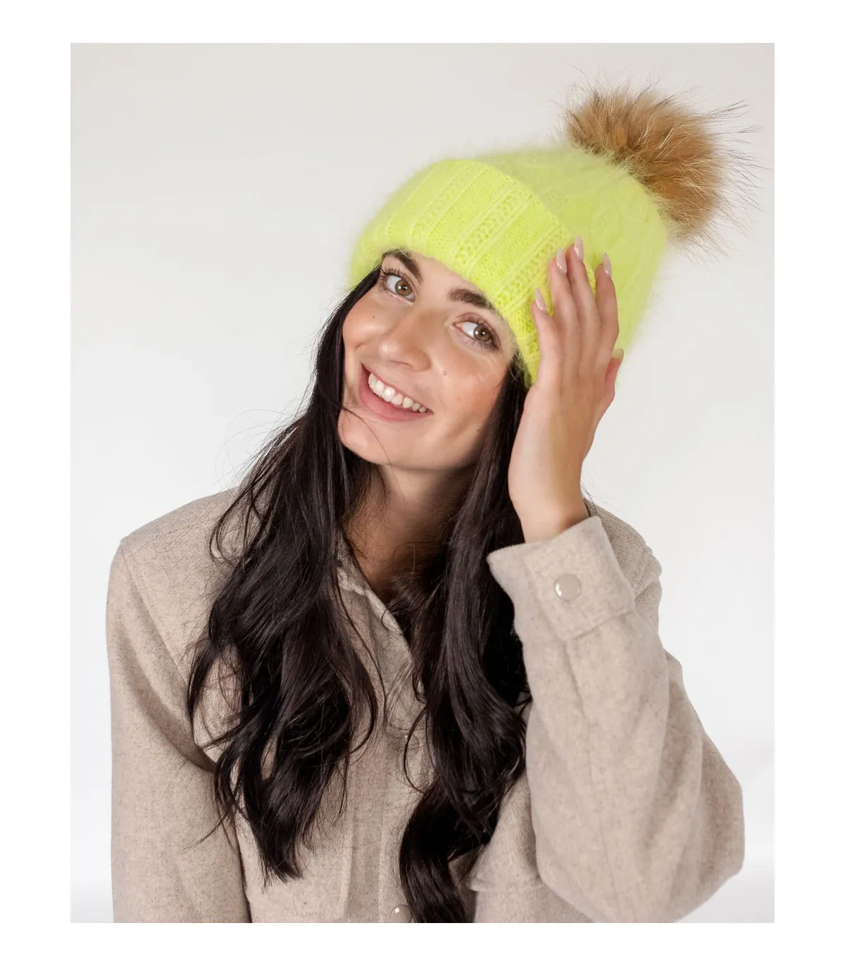 Louise Knit Beanie with Finn Raccoon Fur Pom Pom in Lime Green at FurHatWorld.com