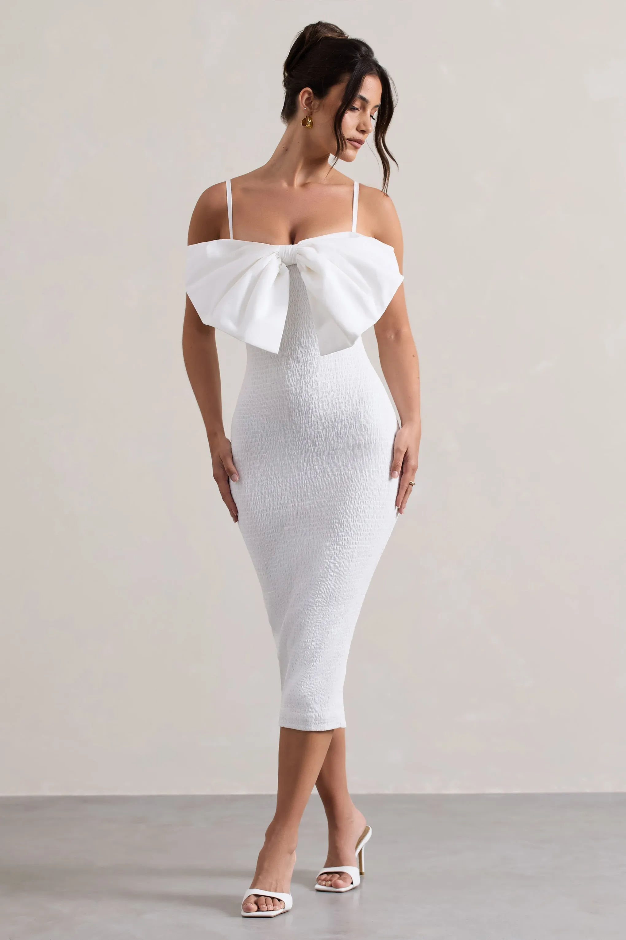 Love Poem | White Bodycon Midi Dress With Oversized Bow