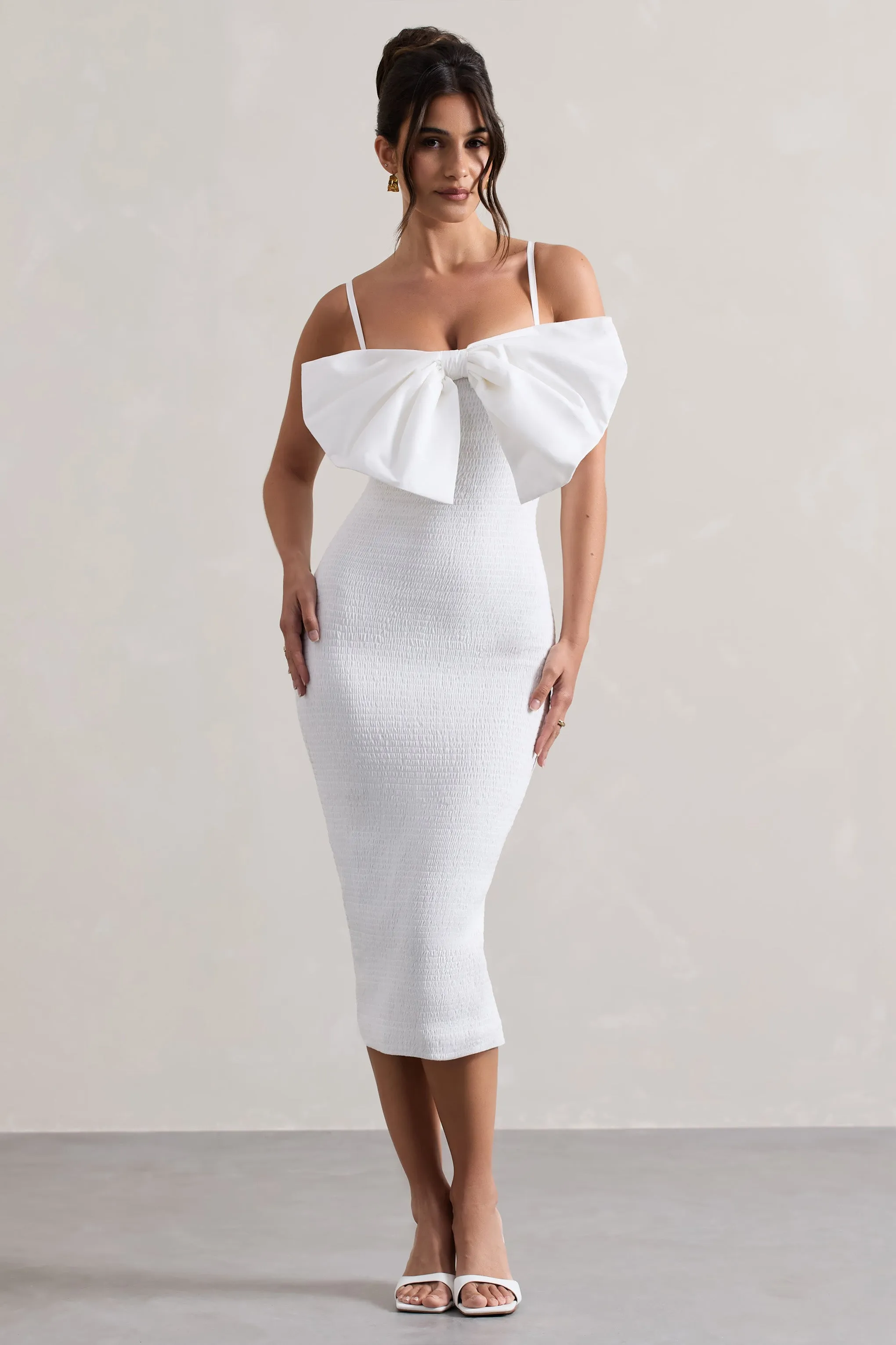 Love Poem | White Bodycon Midi Dress With Oversized Bow