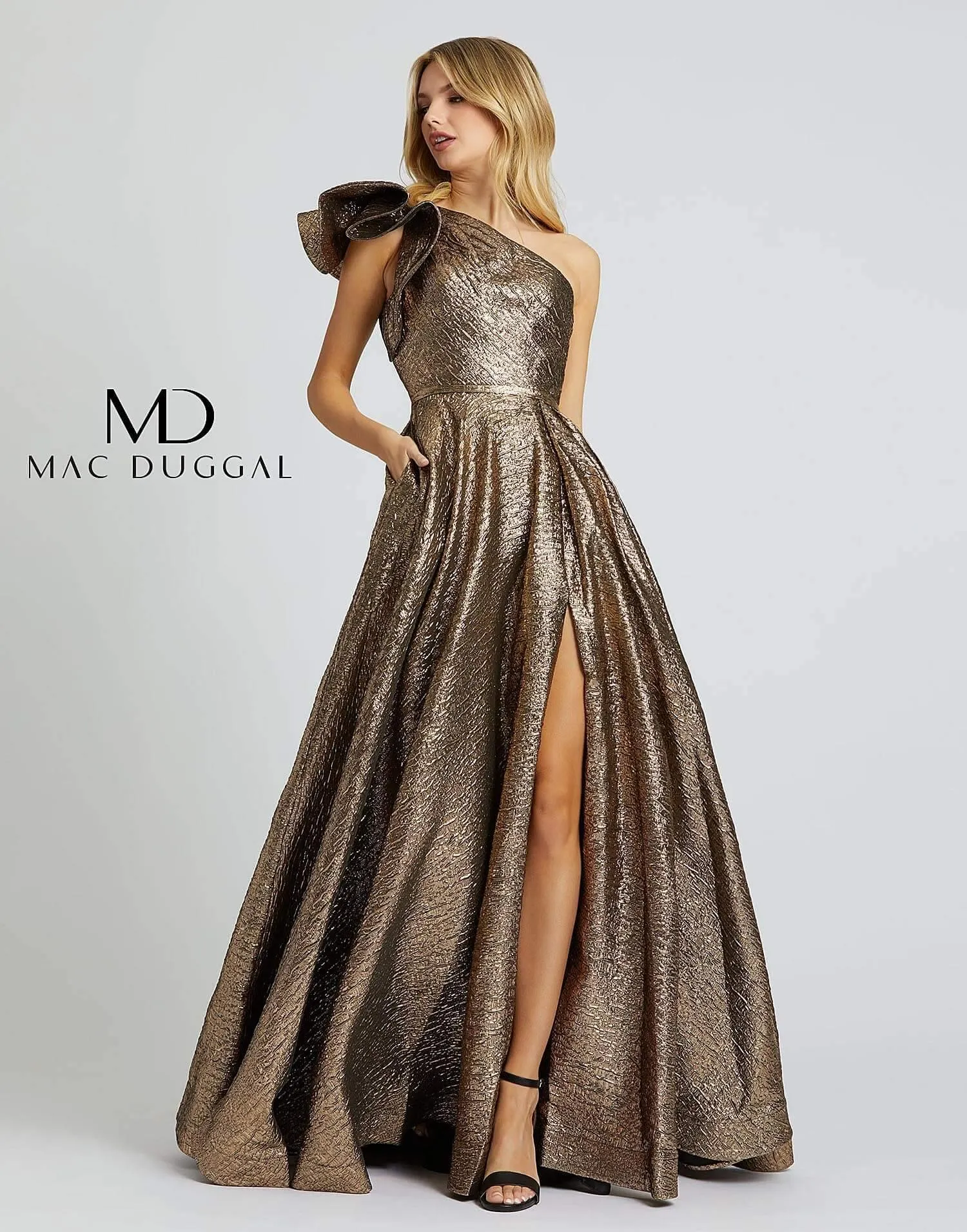 Mac Duggal Long One Shoulder Metallic Prom Ball Gown Sale