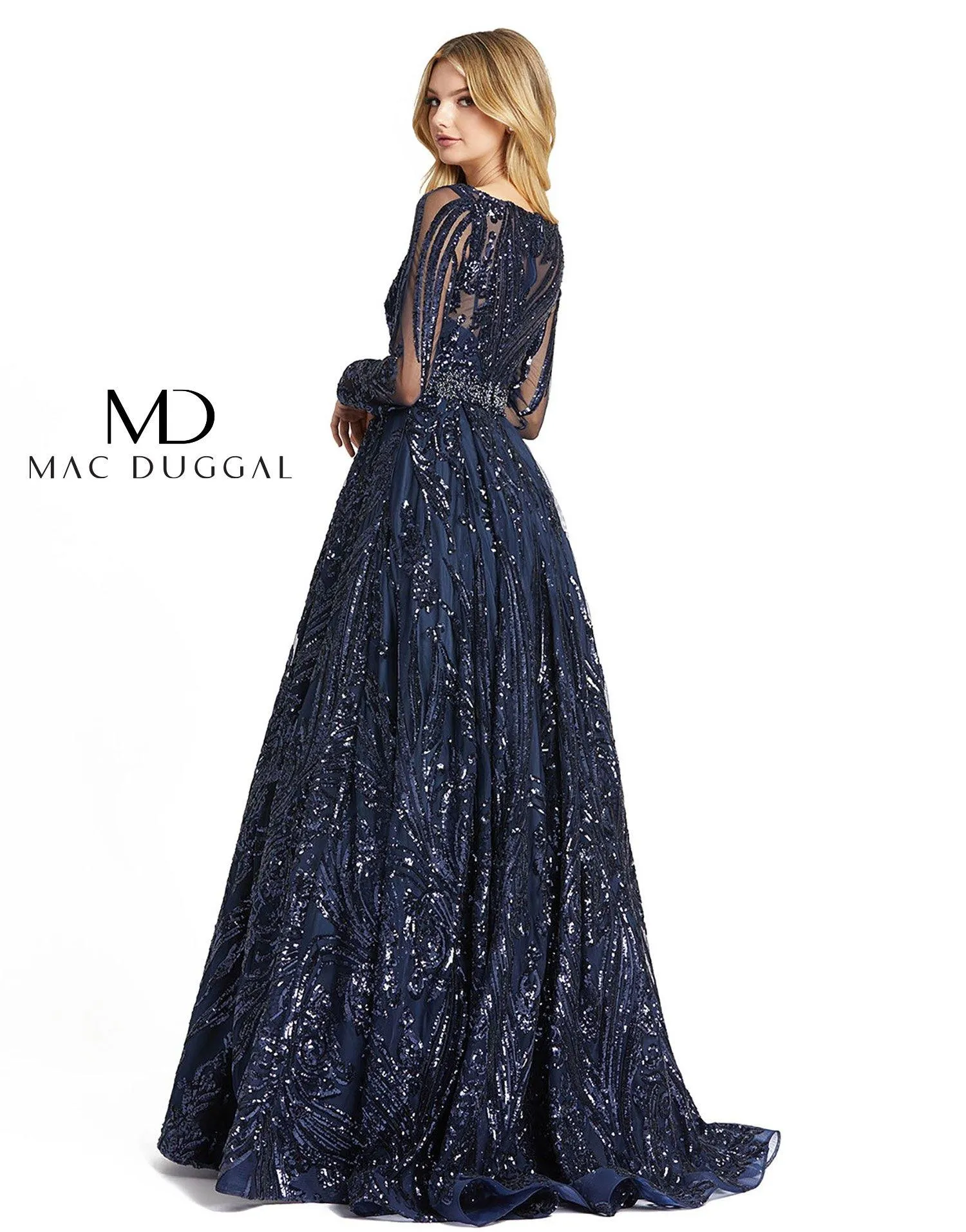 Mac Duggal Long Sleeve Embellished V Neck Ball Gown