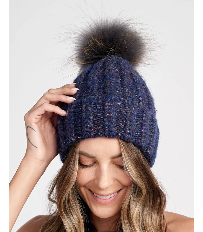 Meadow Chunky  Knit Beanie with Finn Raccoon Fur Pom Pom in Blue: FurHatWorld.com