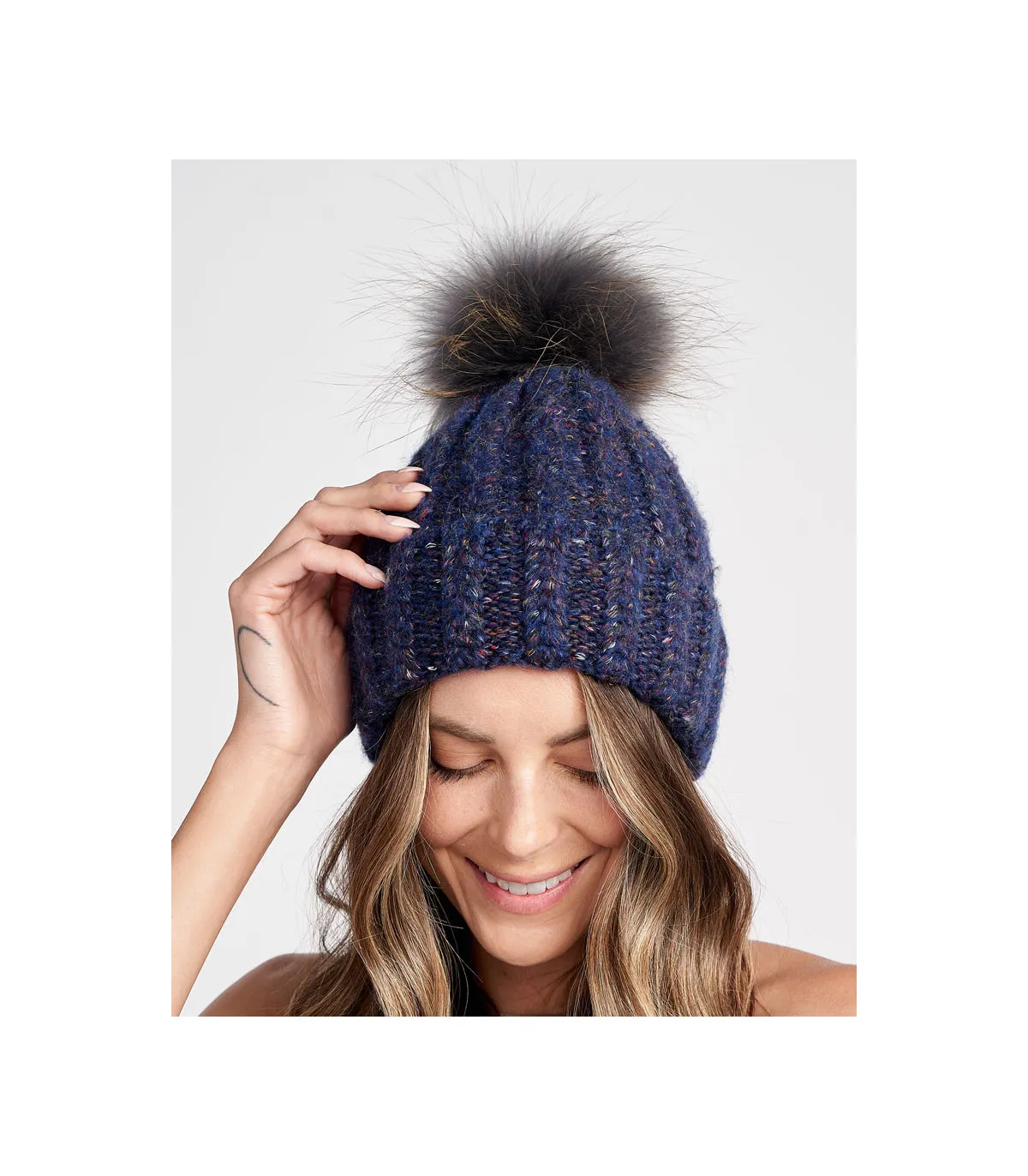 Meadow Chunky  Knit Beanie with Finn Raccoon Fur Pom Pom in Blue: FurHatWorld.com