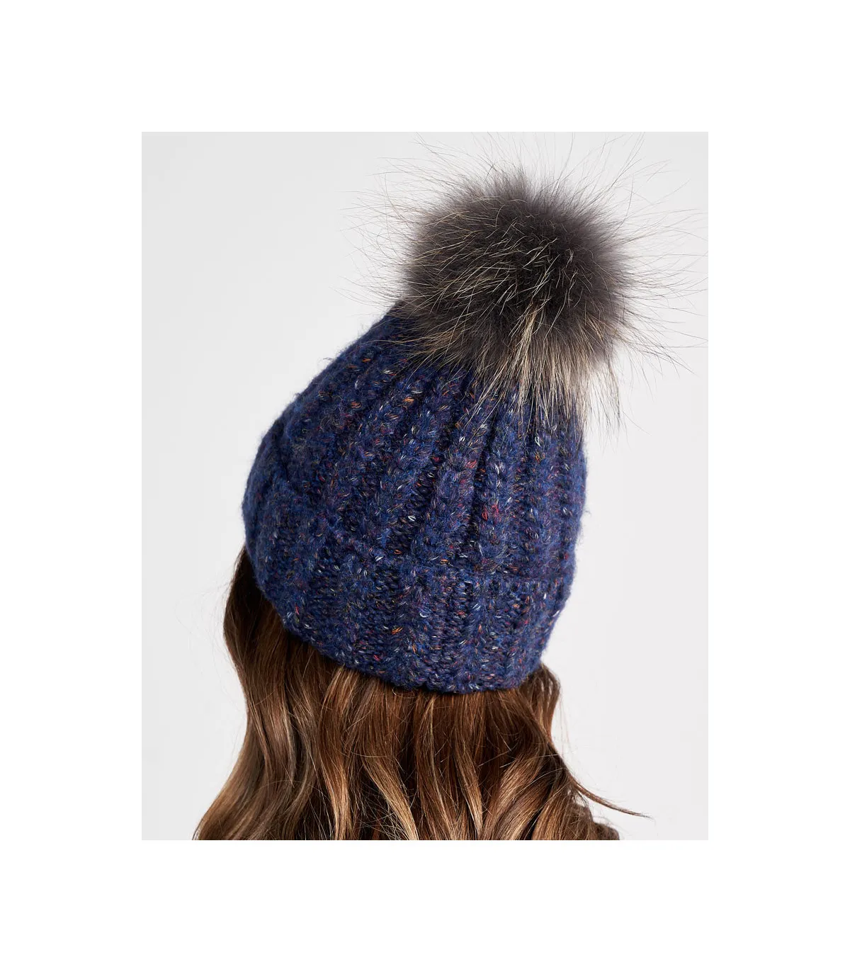 Meadow Chunky  Knit Beanie with Finn Raccoon Fur Pom Pom in Blue: FurHatWorld.com