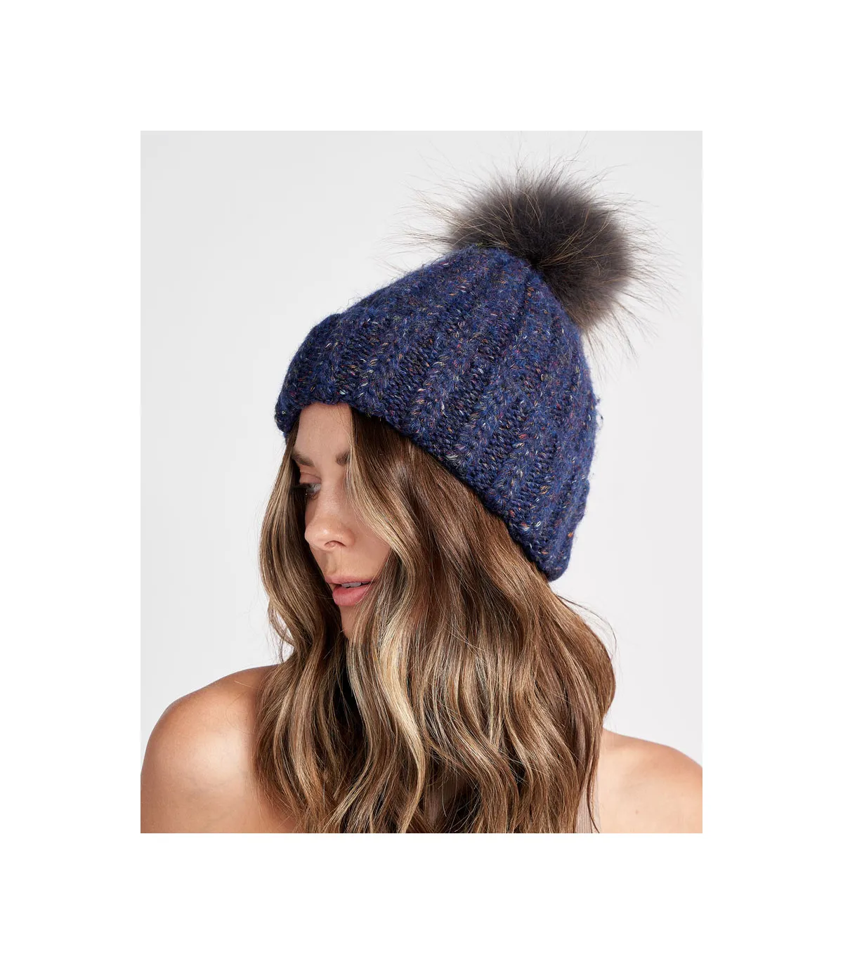 Meadow Chunky  Knit Beanie with Finn Raccoon Fur Pom Pom in Blue: FurHatWorld.com