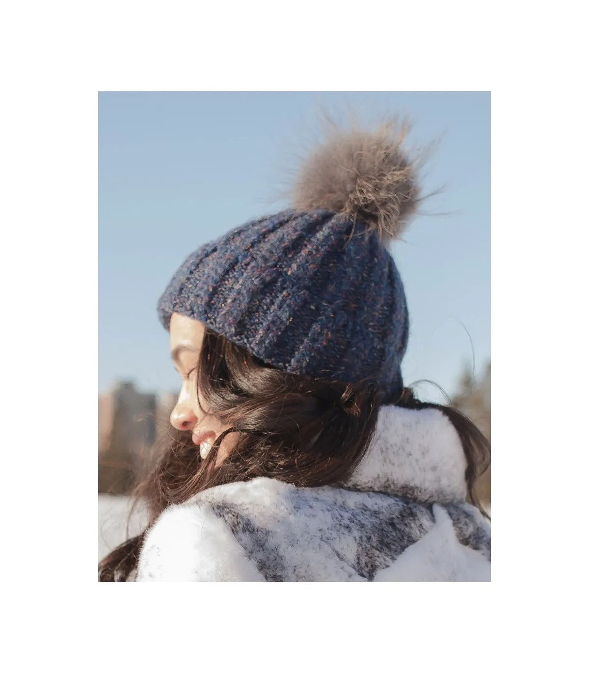 Meadow Chunky  Knit Beanie with Finn Raccoon Fur Pom Pom in Blue: FurHatWorld.com