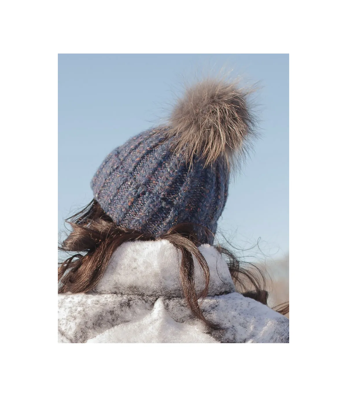 Meadow Chunky  Knit Beanie with Finn Raccoon Fur Pom Pom in Blue: FurHatWorld.com