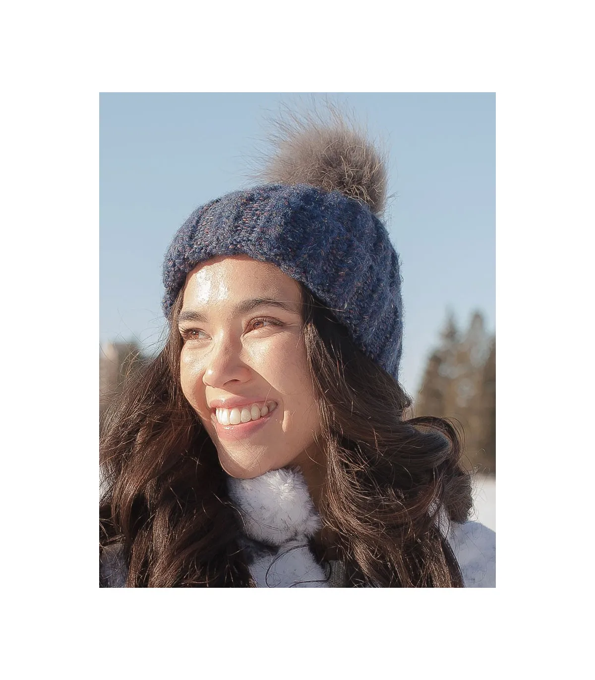 Meadow Chunky  Knit Beanie with Finn Raccoon Fur Pom Pom in Blue: FurHatWorld.com