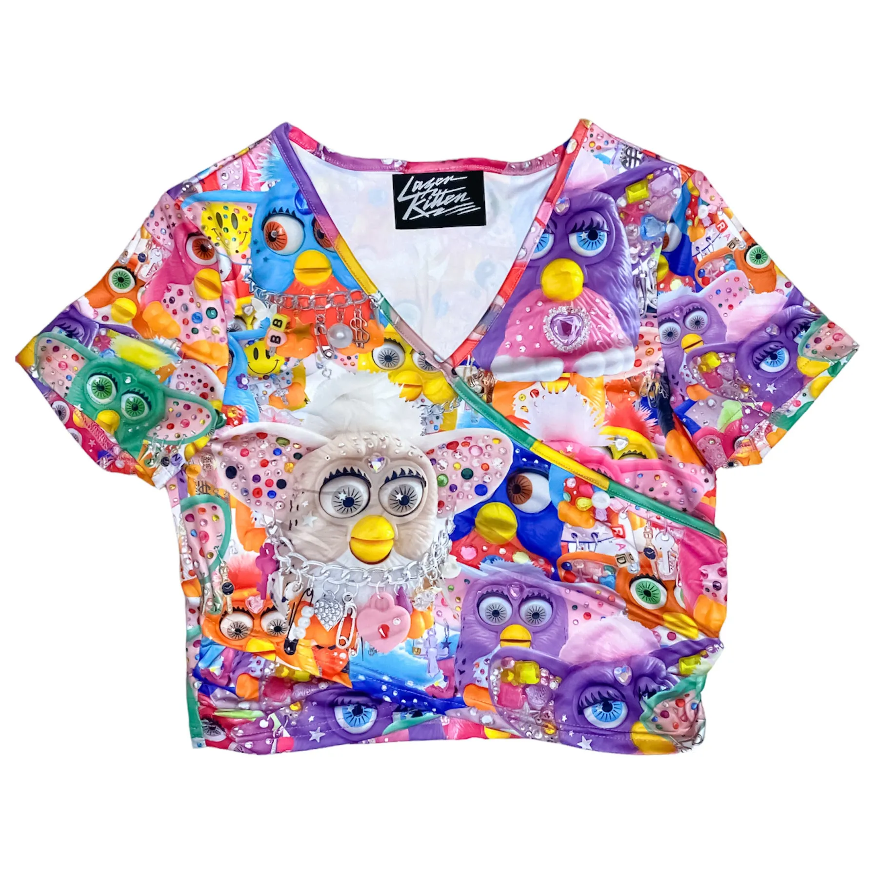 MEDIUM 1-OFF BEDAZZLED FURBY WRAP CROP TOP