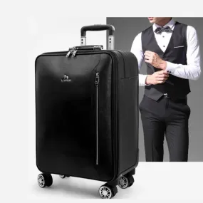 Men's Black Genuine Cow Leather Hand Luggage Suitcase Trolley Bag