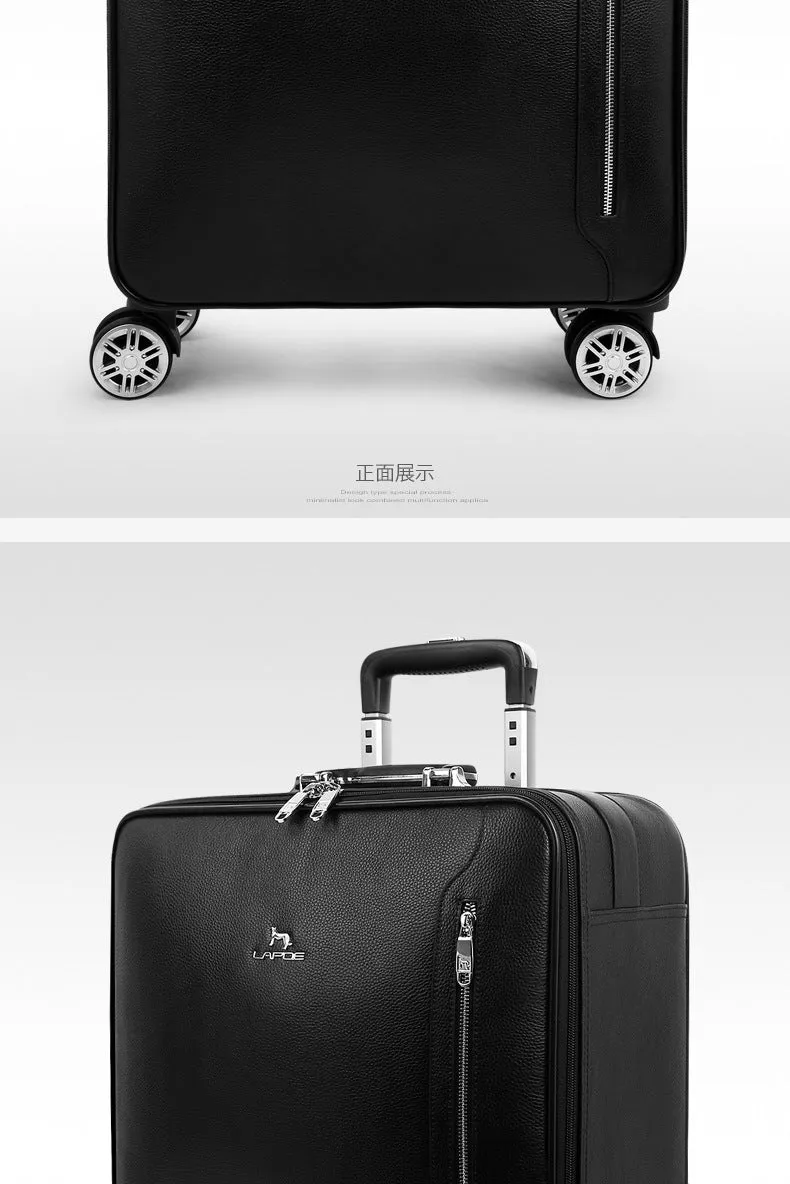 Men's Black Genuine Cow Leather Hand Luggage Suitcase Trolley Bag