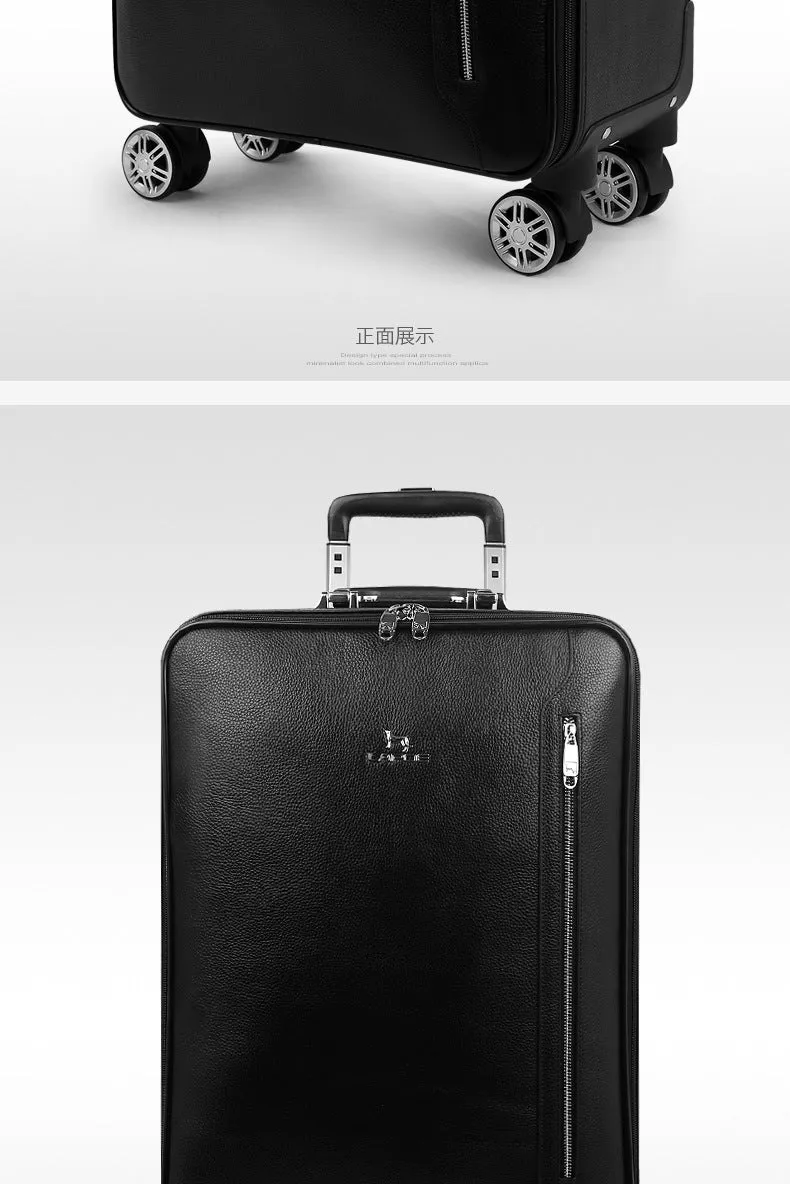 Men's Black Genuine Cow Leather Hand Luggage Suitcase Trolley Bag