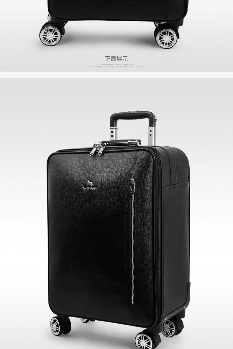 Men's Black Genuine Cow Leather Hand Luggage Suitcase Trolley Bag