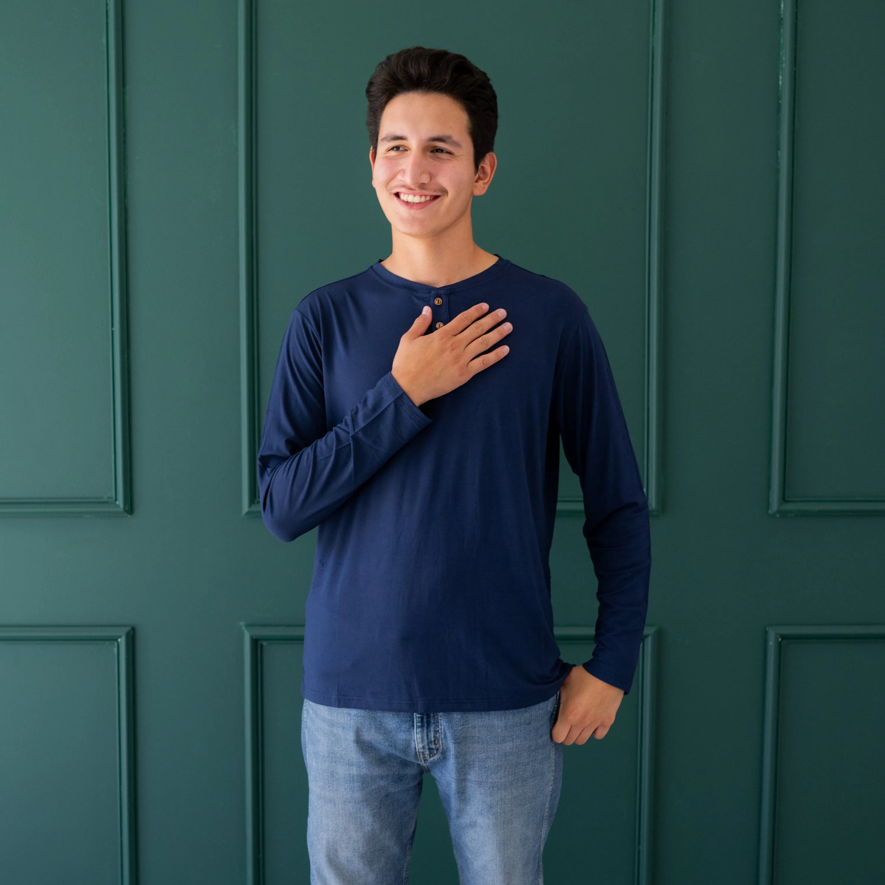 Men's Long Sleeve Henley Top in Navy