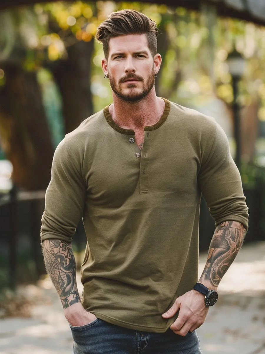 Men's Retro Henley Long Sleeve T-Shirt