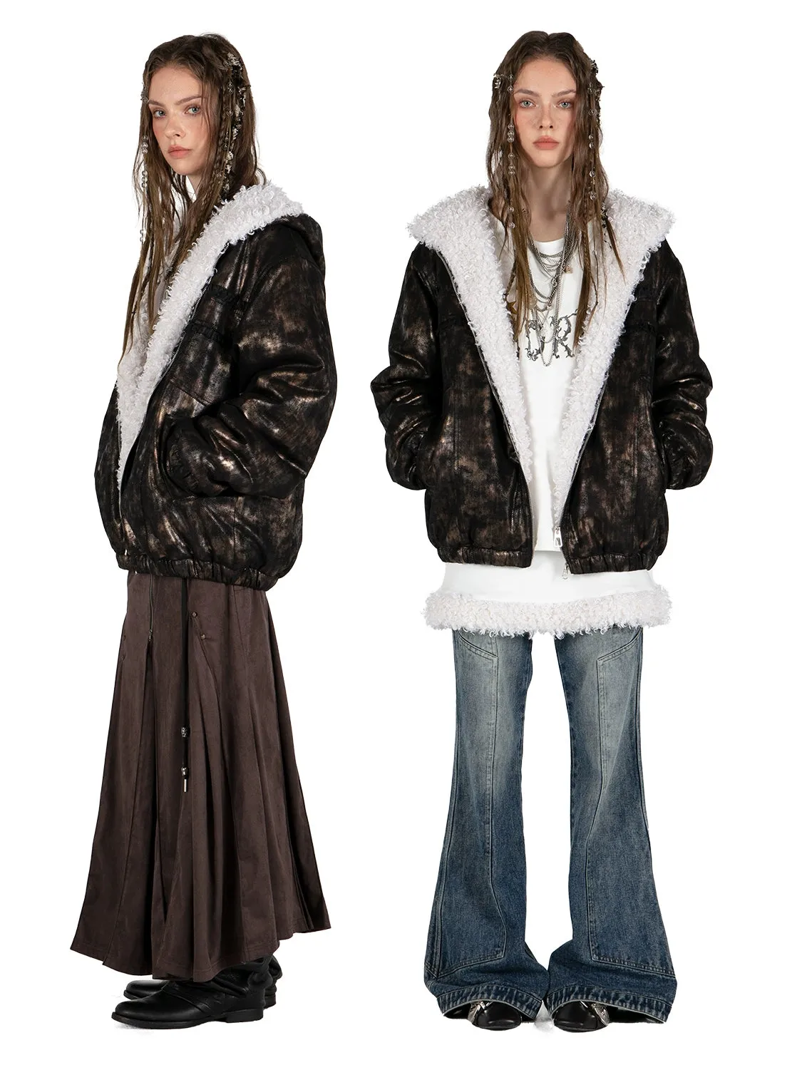 Metallic Fur Reversible Hooded Jacket