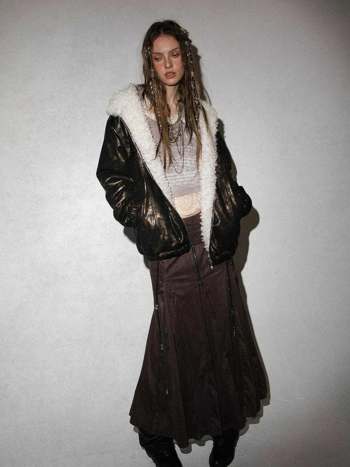 Metallic Fur Reversible Hooded Jacket