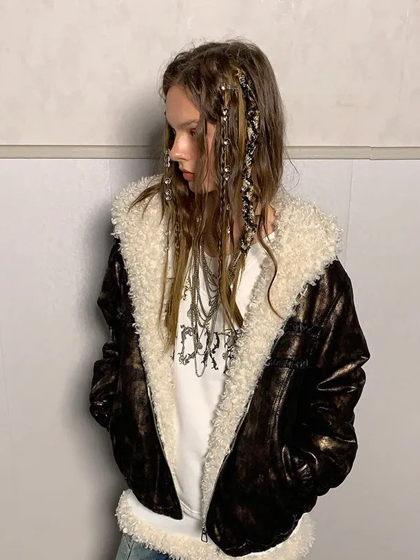 Metallic Fur Reversible Hooded Jacket