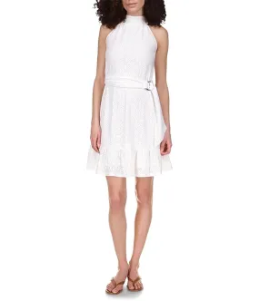 MICHAEL Michael Kors Eyelet Mock Neck Belted Mini Dress Women's