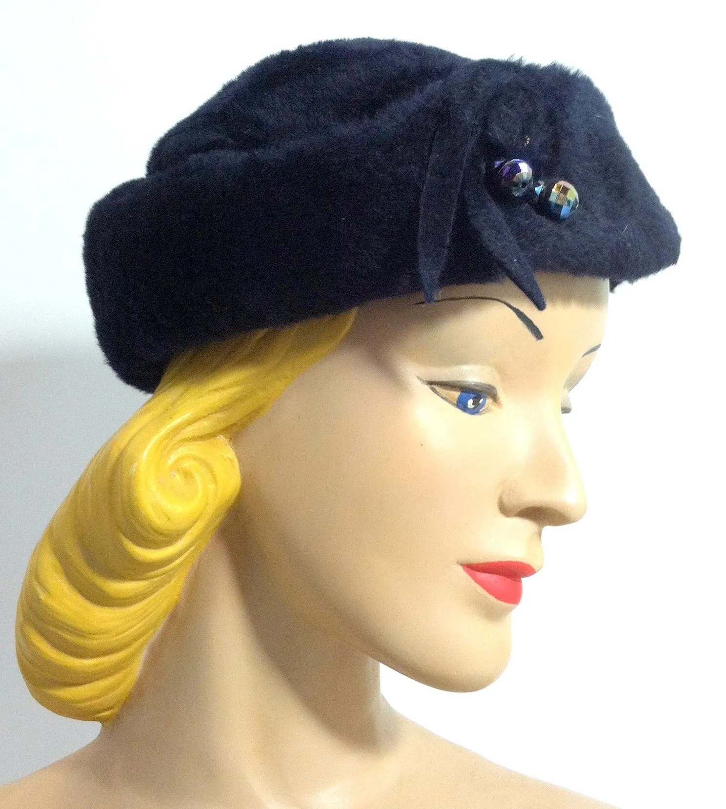 Midnight Blue Felted Fur Slouch Hat w/ Carnival Glass Beads circa 1960s