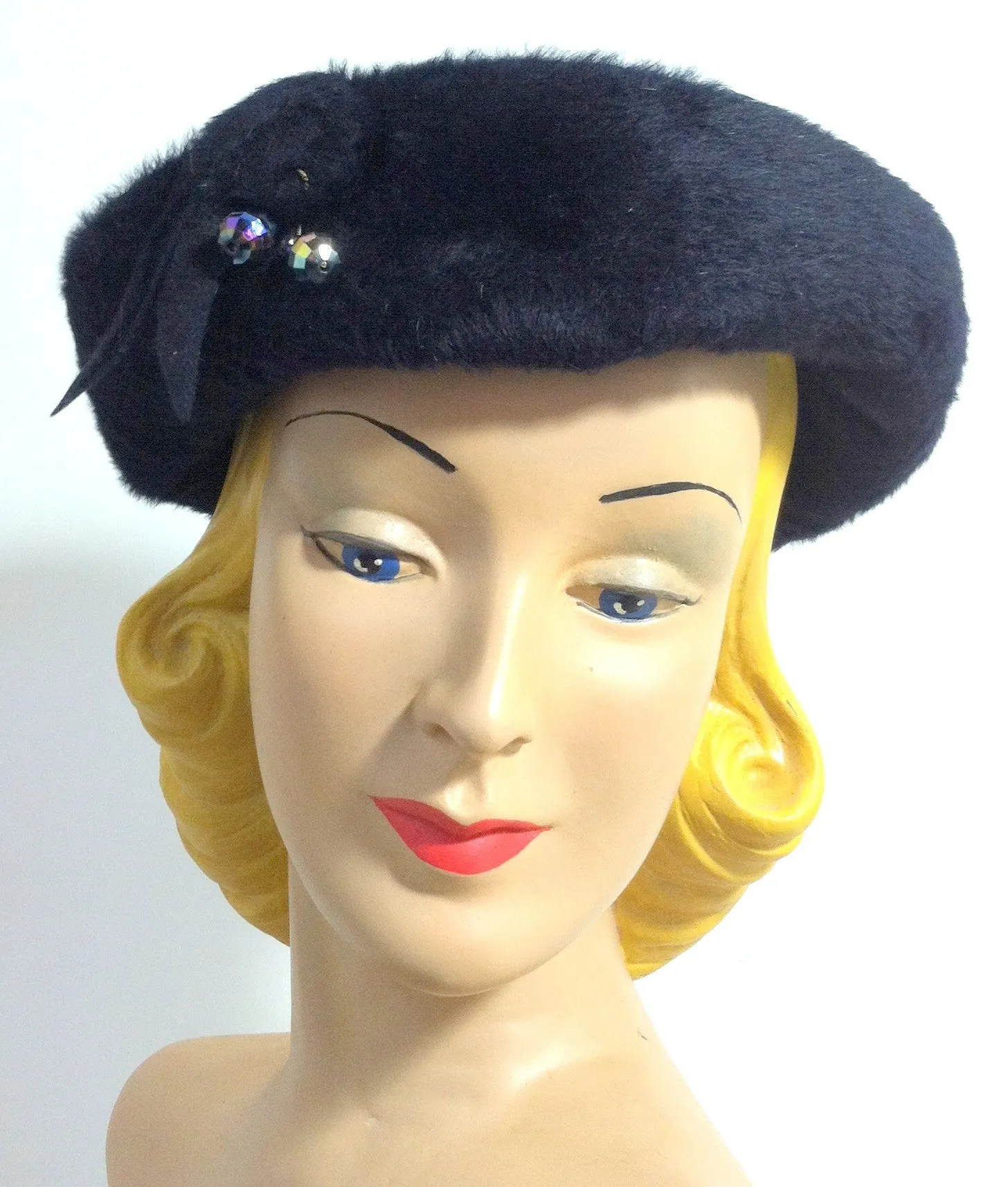 Midnight Blue Felted Fur Slouch Hat w/ Carnival Glass Beads circa 1960s