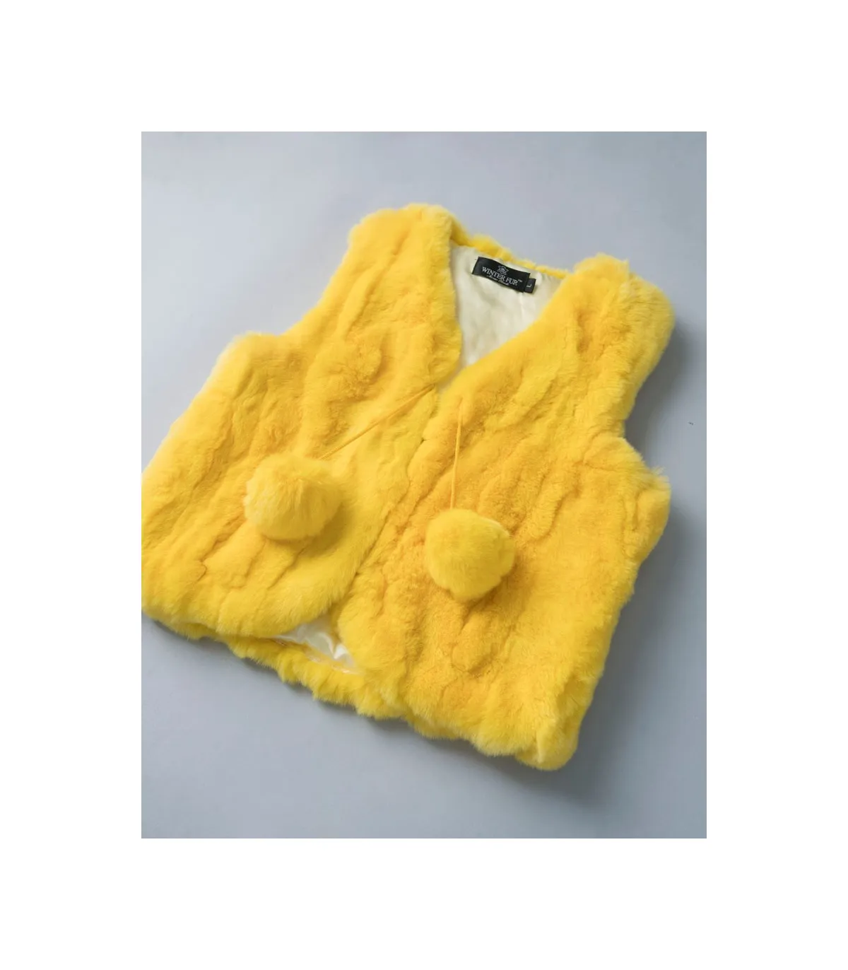 Mini Adelyn Rabbit Fur Vest with Pom Poms in Yellow for Kids: FurHatWorld.com