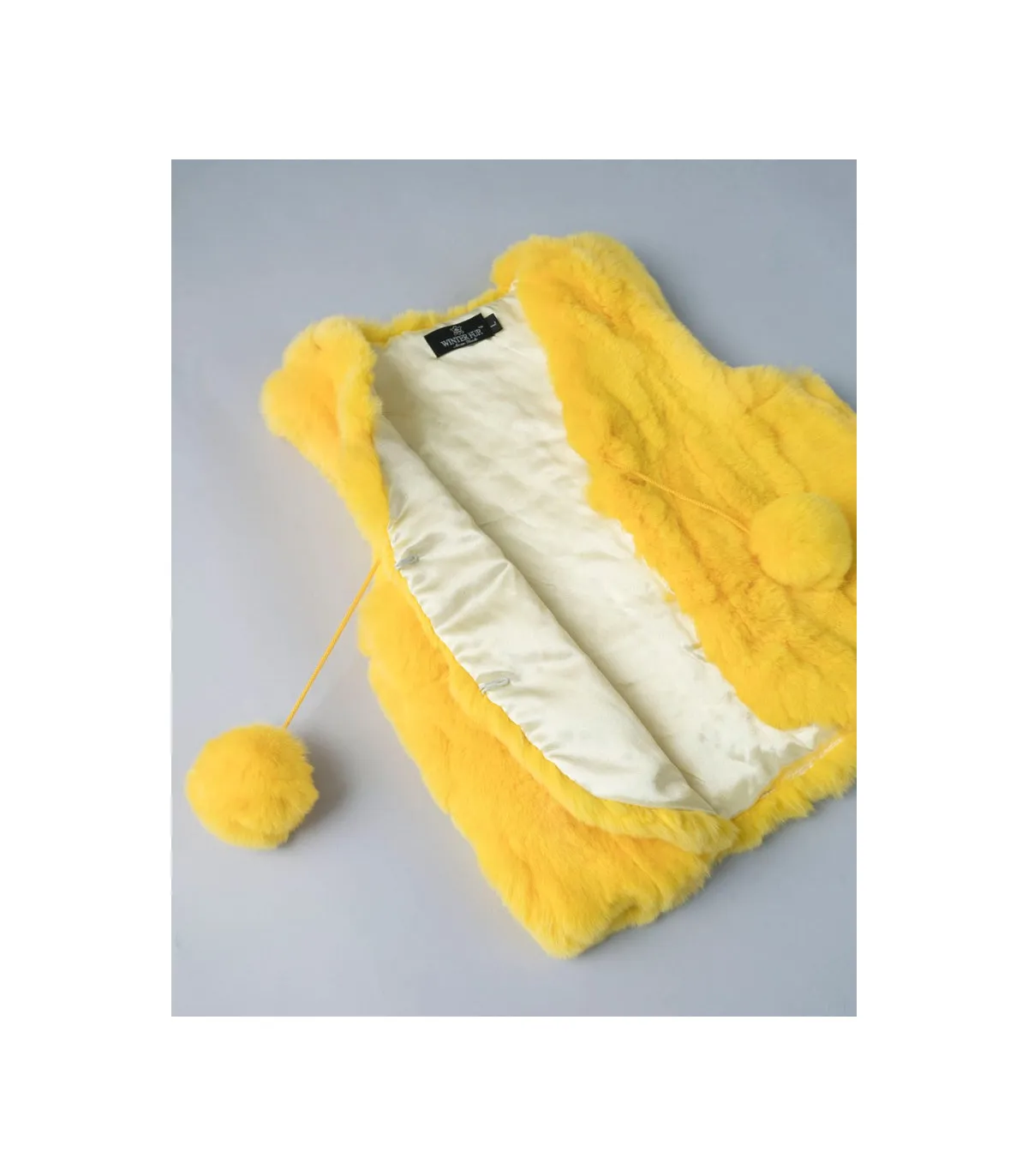 Mini Adelyn Rabbit Fur Vest with Pom Poms in Yellow for Kids: FurHatWorld.com